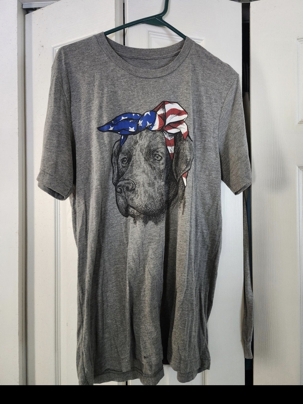 Gray Tee with Dog Portrait & American Flag Bandana